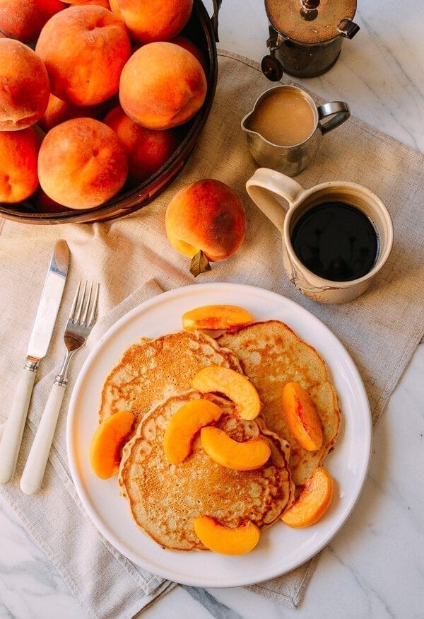 Peach Pancakes with Maple Cream Syrup, by thewoksoflife.com
