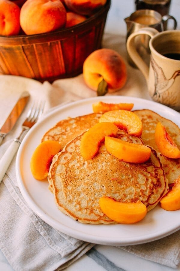 Peach Pancakes with Maple Cream Syrup, by thewoksoflife.com