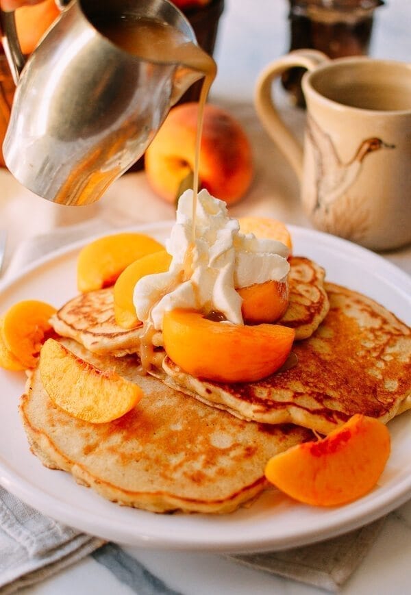 Peach Pancakes with Maple Cream Syrup, by thewoksoflife.com
