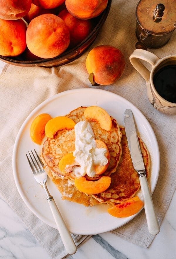 Peach Pancakes with Maple Cream Syrup, by thewoksoflife.com