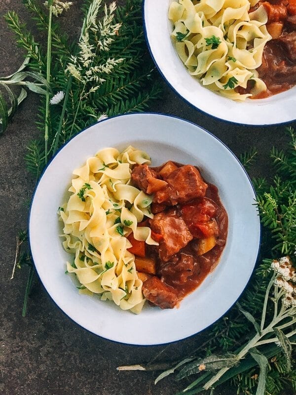 Campfire Beef Stew with Buttered Parsley Noodles, by thewoksoflife.com