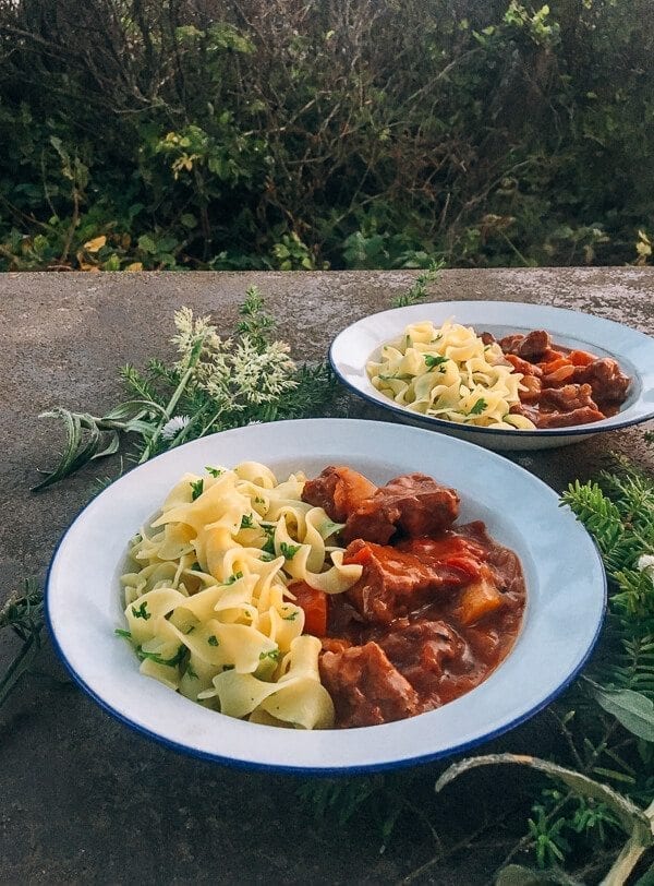 Campfire Beef Stew with Buttered Parsley Noodles, by thewoksoflife.com