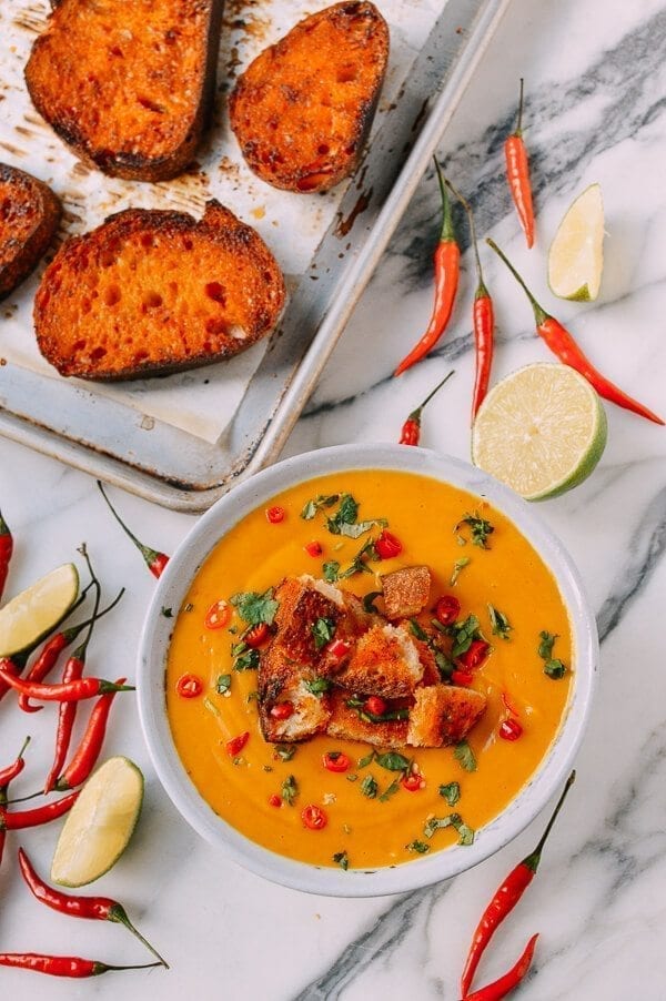 Curried Squash Soup with Red Curry Butter Croutons, by thewoksoflife.com