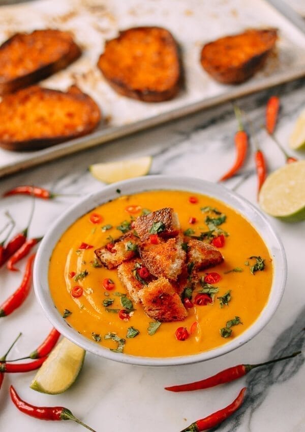 Curried Butternut Squash Soup with Red Curry Butter Croutons