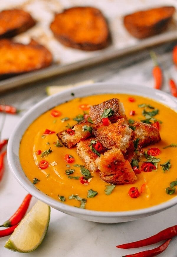 Curried Squash Soup with Red Curry Butter Croutons, by thewoksoflife.com