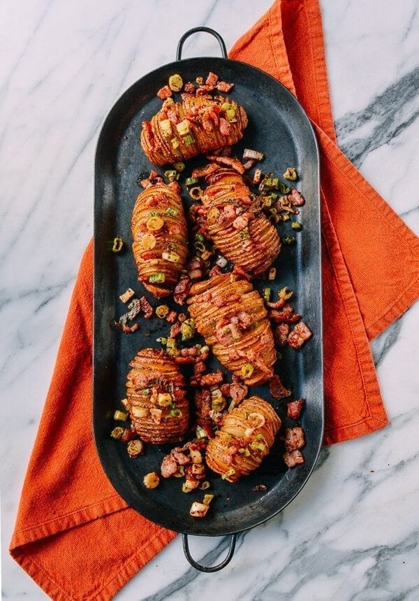 Crispy Hasselback Potatoes with Spicy Bacon Scallion Relish, by thewoksoflife.com