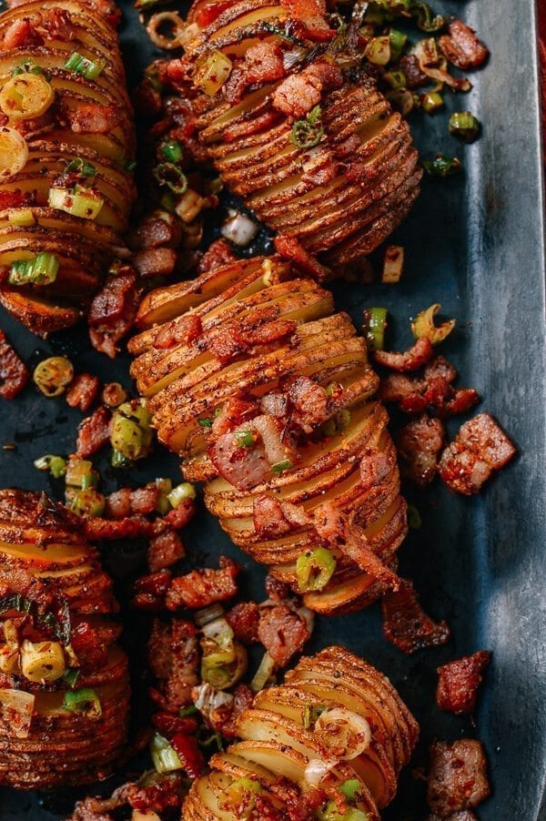 Crispy Hasselback Potatoes with Spicy Bacon Scallion Relish, by thewoksoflife.com