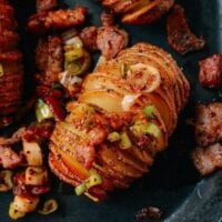 Crispy Hasselback Potatoes with Spicy Bacon Scallion Relish, by thewoksoflife.com