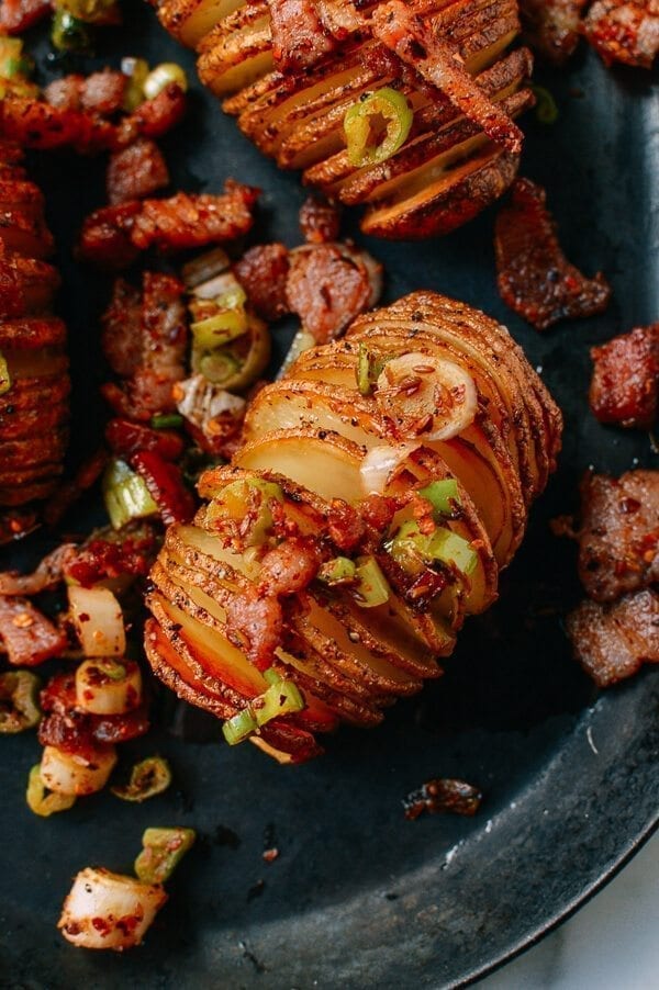 Crispy Hasselback Potatoes with Spicy Bacon Scallion Relish