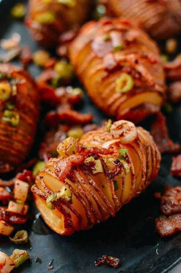 Crispy Hasselback Potatoes with Spicy Bacon Scallion Relish, by thewoksoflife.com