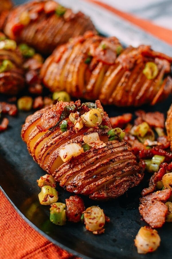 Crispy Hasselback Potatoes with Spicy Bacon Scallion Relish, by thewoksoflife.com