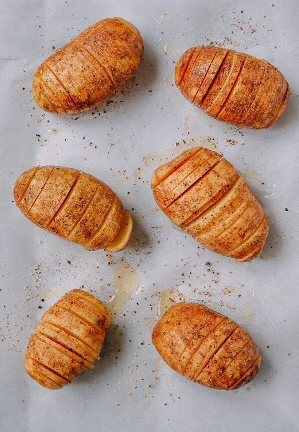 Crispy Hasselback Potatoes with Spicy Bacon Scallion Relish, by thewoksoflife.com