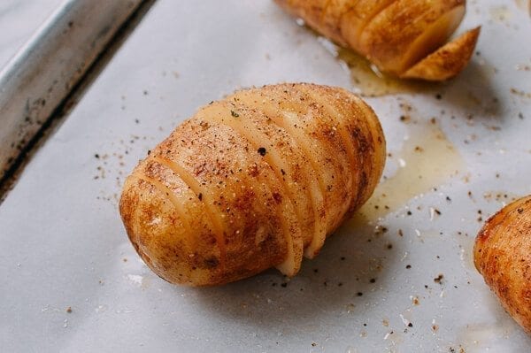 Crispy Hasselback Potatoes with Spicy Bacon Scallion Relish, by thewoksoflife.com