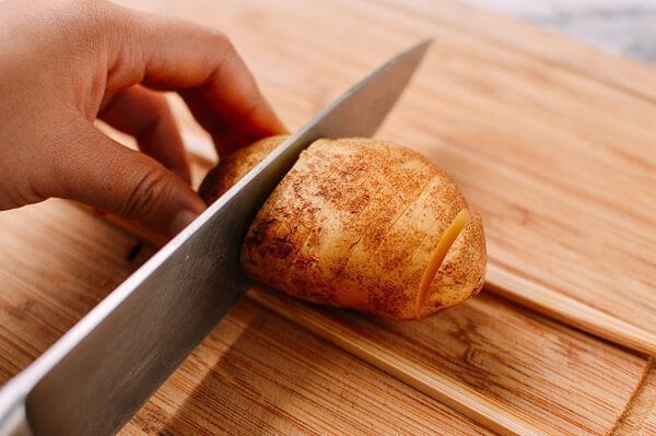 Crispy Hasselback Potatoes with Spicy Bacon Scallion Relish, by thewoksoflife.com