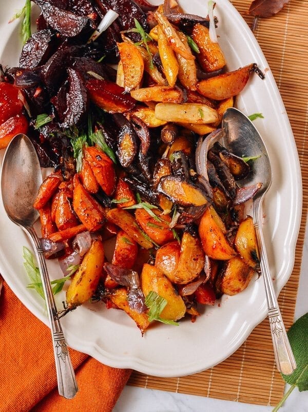 Roasted Root Vegetables with a Miso Glaze, by thewoksoflife.com