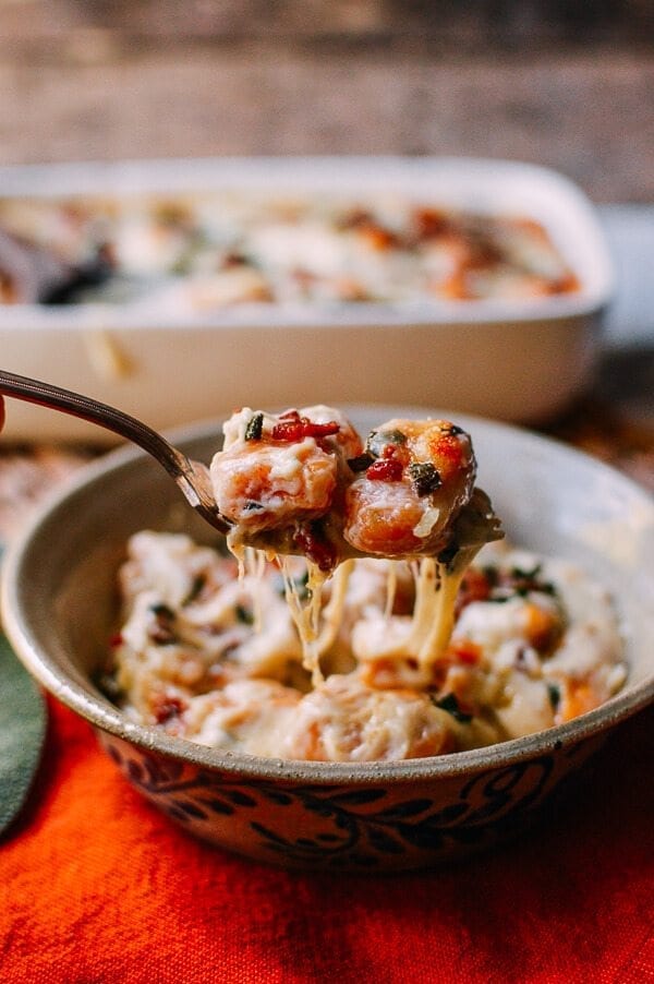Baked Sweet Potato Gnocchi with Bacon and Sage, by thewoksoflife.com