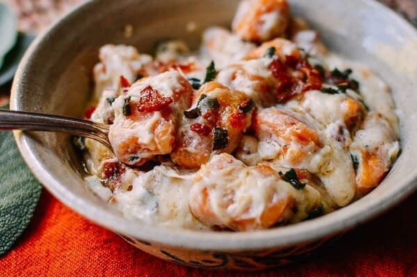 Baked Sweet Potato Gnocchi with Bacon and Sage, by thewoksoflife.com