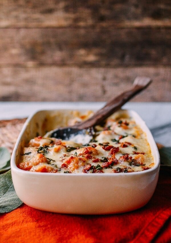 Baked Sweet Potato Gnocchi with Bacon and Sage, by thewoksoflife.com