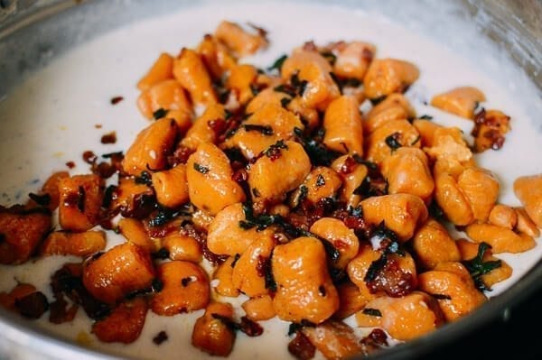Baked Sweet Potato Gnocchi with Bacon and Sage, by thewoksoflife.com