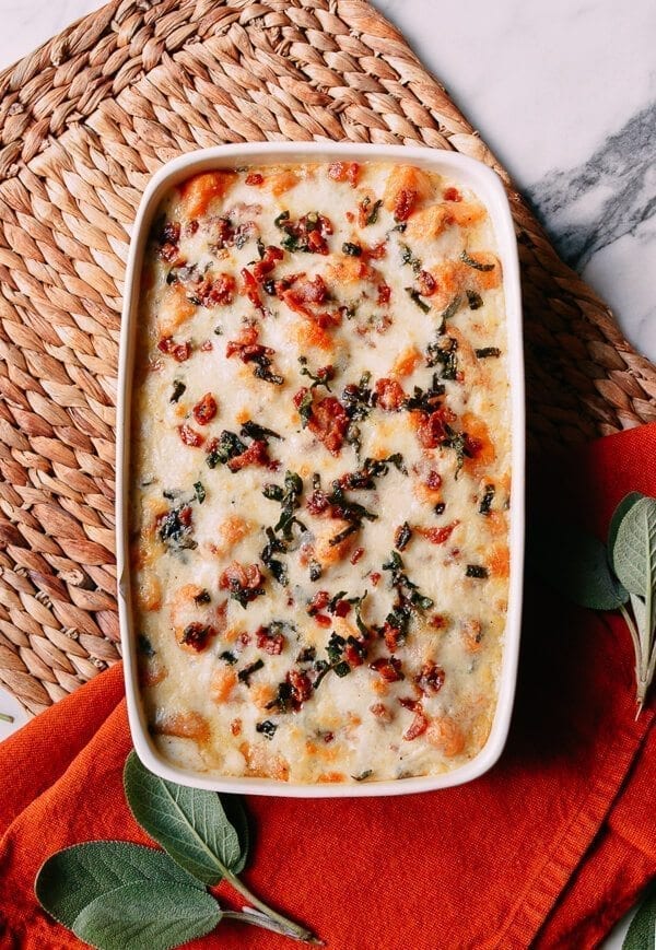 Baked Sweet Potato Gnocchi with Bacon and Sage, by thewoksoflife.com