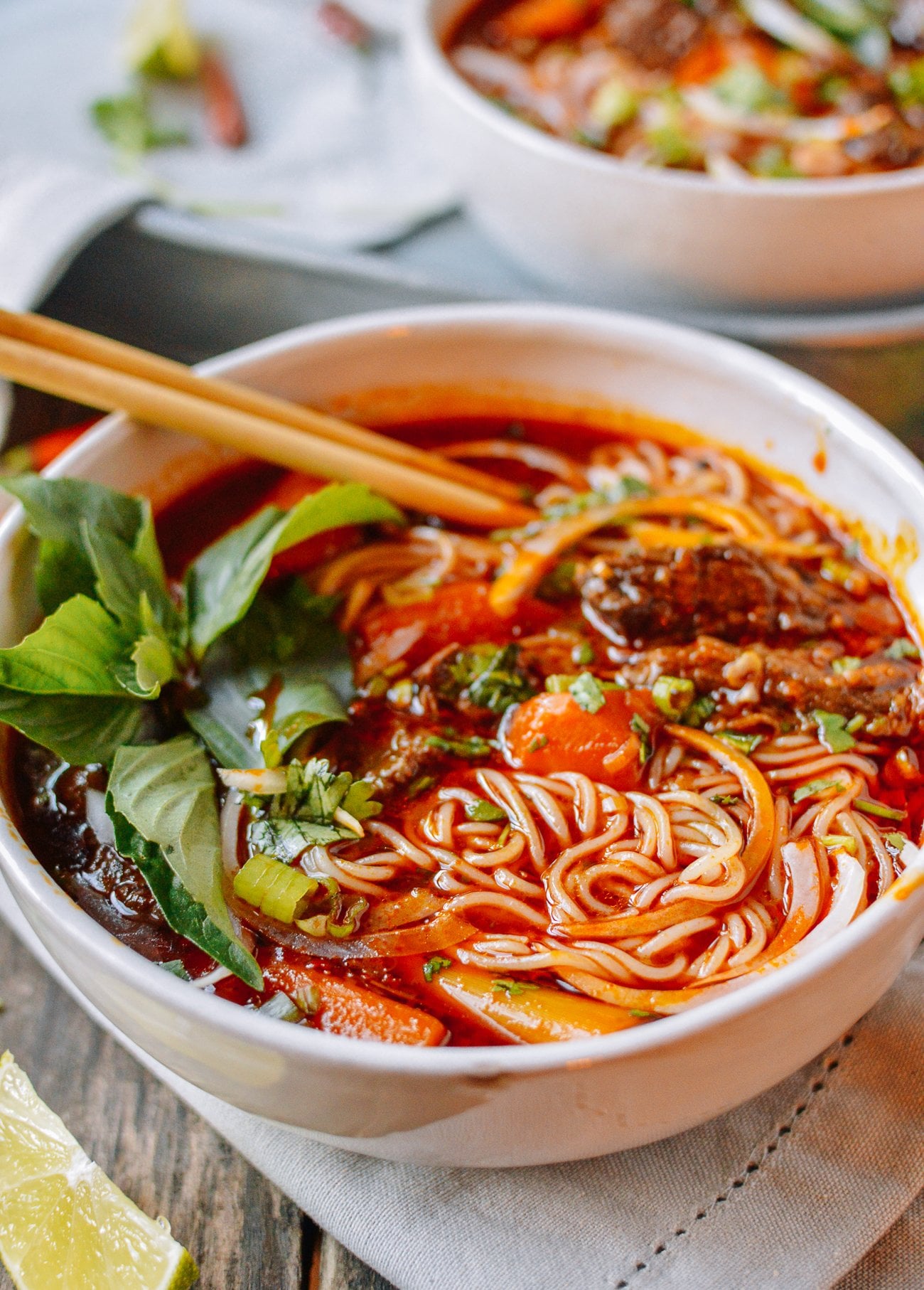 Bowl of Vietnamese Bho Kho with rice noodles