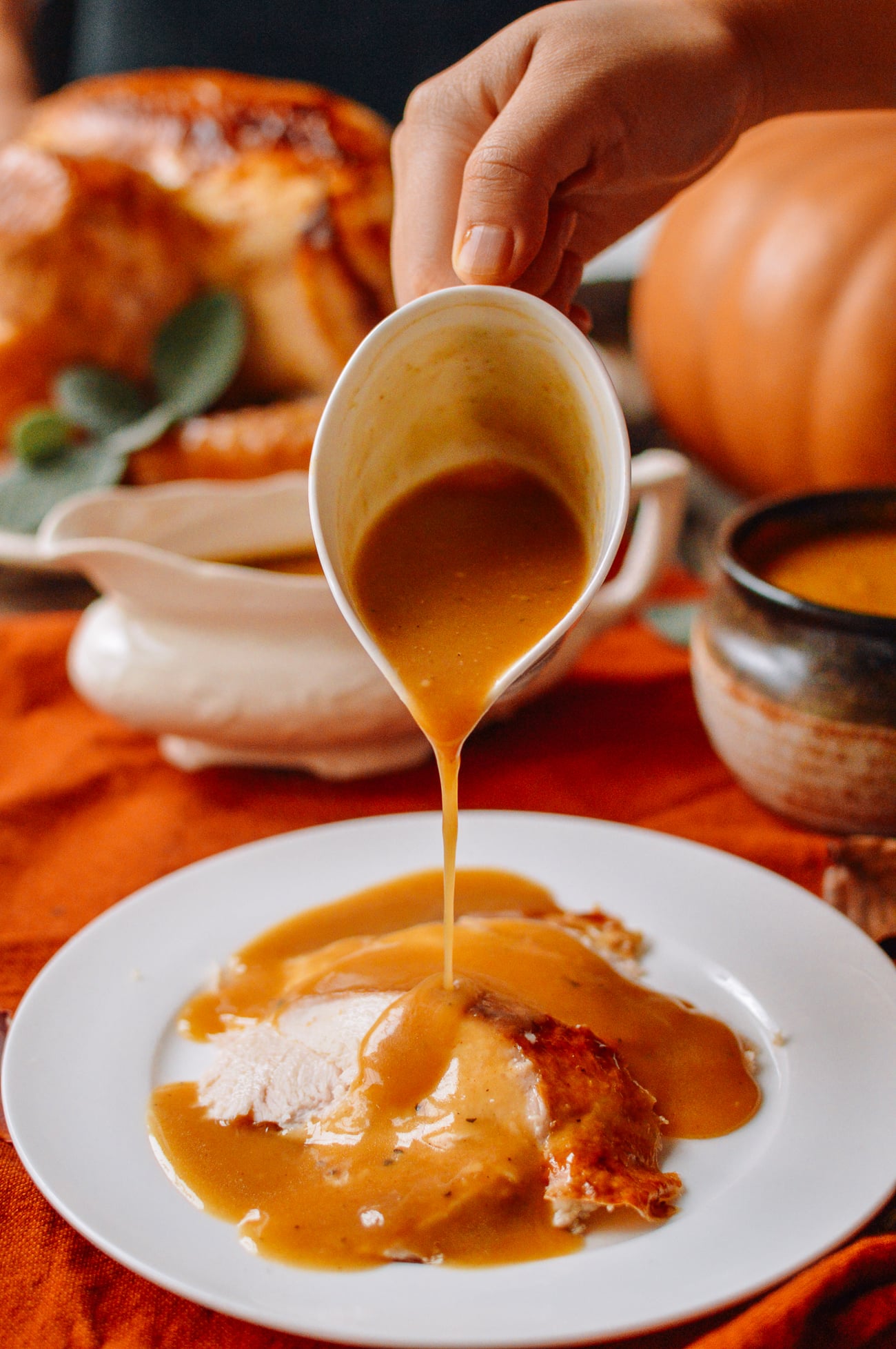 pouring turkey gravy onto juicy turkey meat