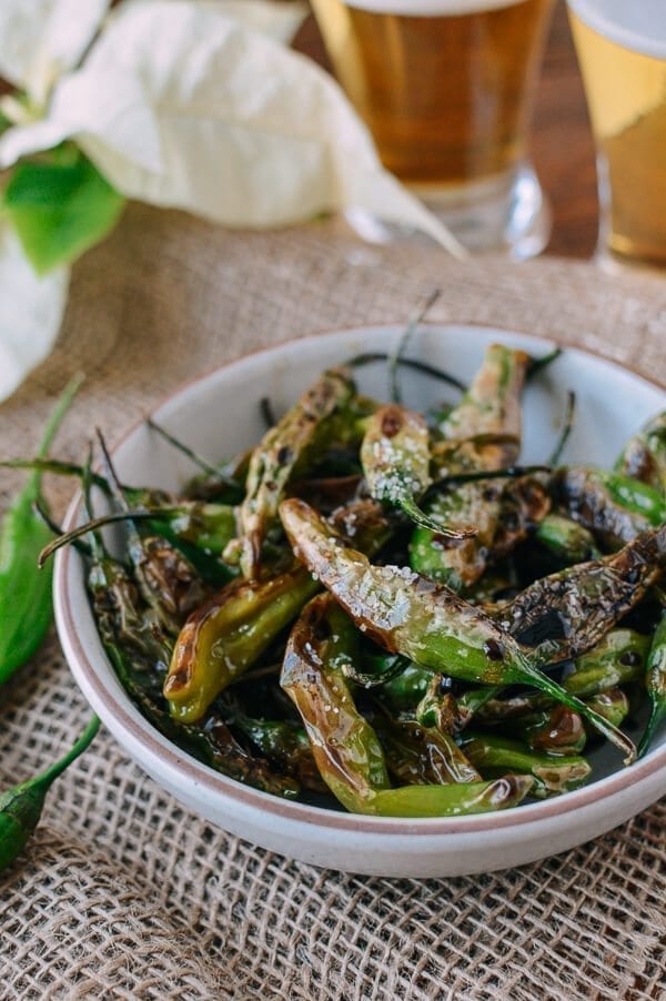 Blistered Shishito Peppers with Sea Salt, by thewoksoflife.com