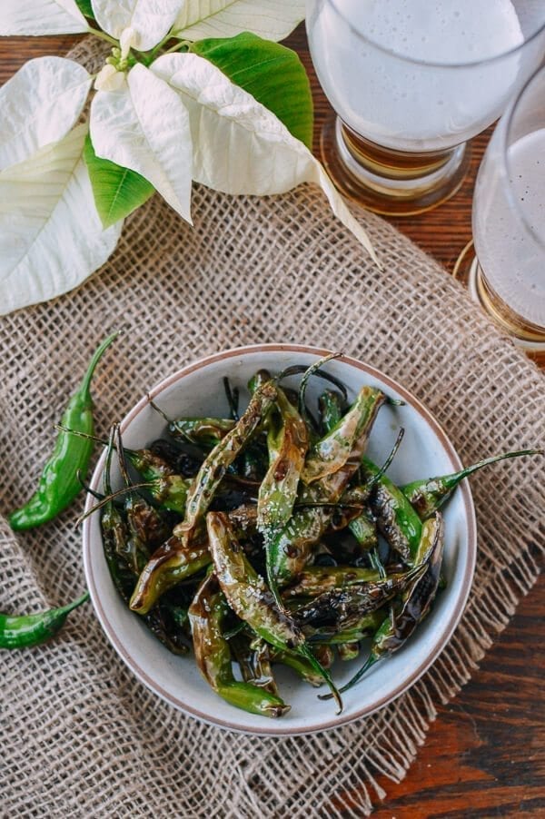 Blistered Shishito Peppers with Sea Salt, by thewoksoflife.com