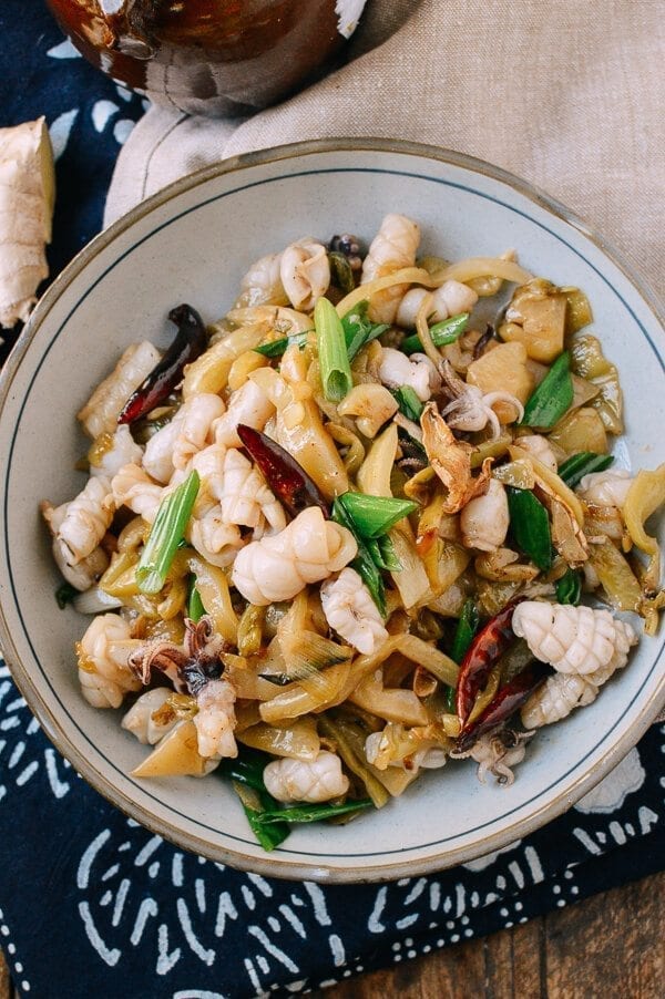 Squid Stir-Fry with Pickled Mustard Greens, by thewoksoflife.com