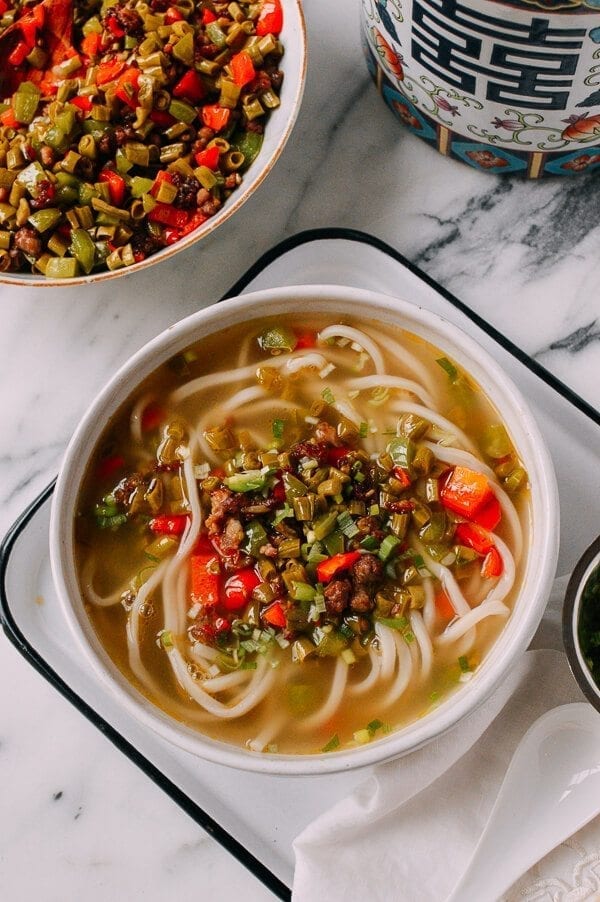 Chinese Pickled Long Bean Noodle Soup, by thewoksoflife.com