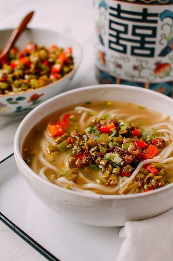 Chinese Pickled Long Bean Noodle Soup, by thewoksoflife.com