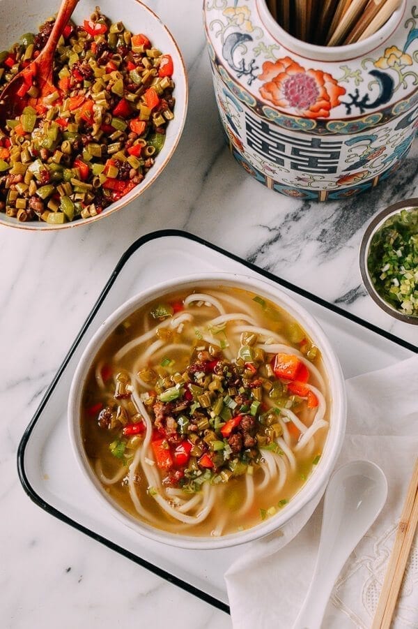 Chinese Pickled Long Bean Noodle Soup, by thewoksoflife.com