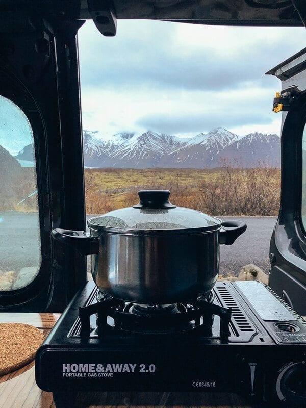 Iceland Camper van cooking with a view