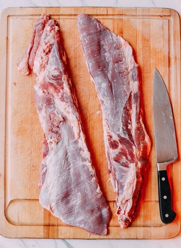 Pork rib tips on cutting board