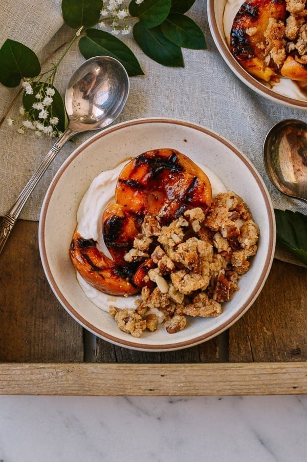 Grilled Peach Crisps with Yogurt, by thewoksoflife.com
