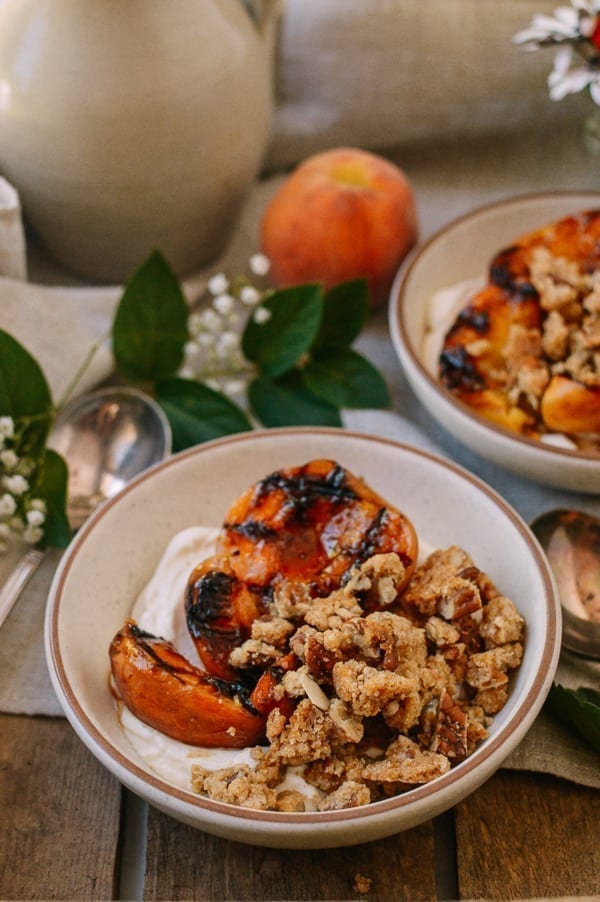 Grilled Peach Crisps with Yogurt, by thewoksoflife.com