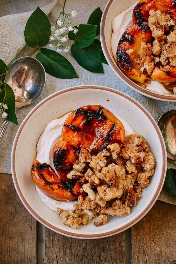 Grilled Peach Crisps with Yogurt, by thewoksoflife.com