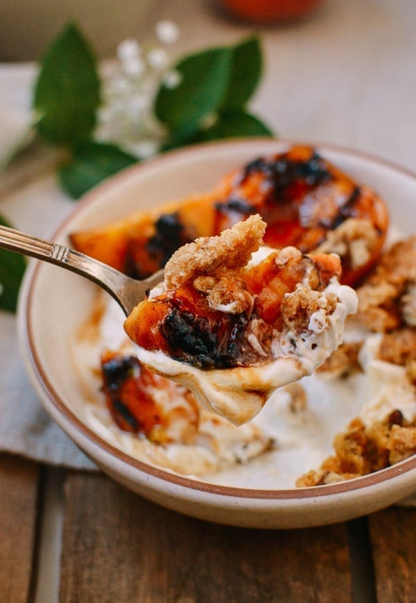 Grilled Peach Crisps with Yogurt, by thewoksoflife.com