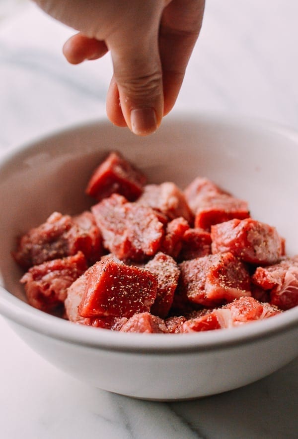 Steak Bites with Miso Ginger Dressing, by thewoksoflife.com
