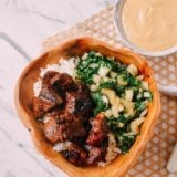 Steak Bites with Miso Ginger Dressing, by thewoksoflife.com