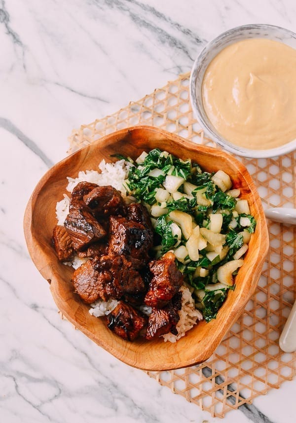 Steak Bites with Miso Ginger Dressing, by thewoksoflife.com