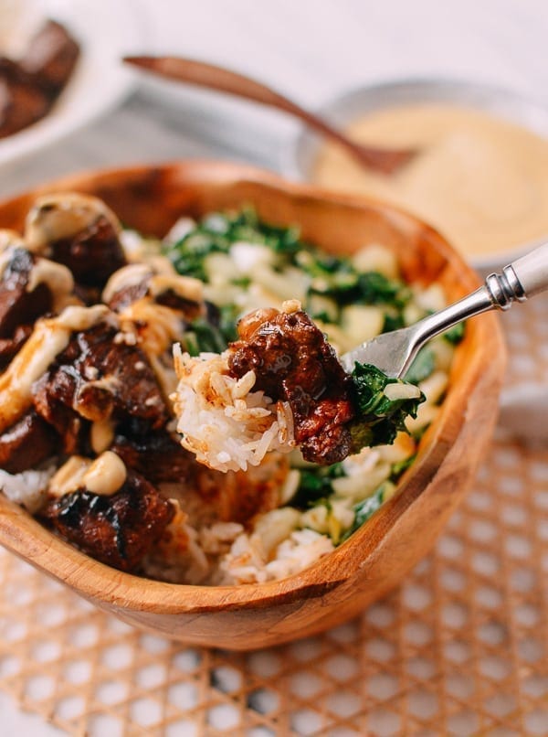 Steak Bites with Miso Ginger Dressing, by thewoksoflife.com