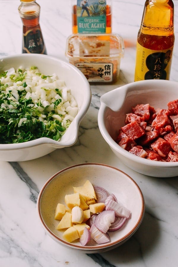 Steak Bites with Miso Ginger Dressing, by thewoksoflife.com