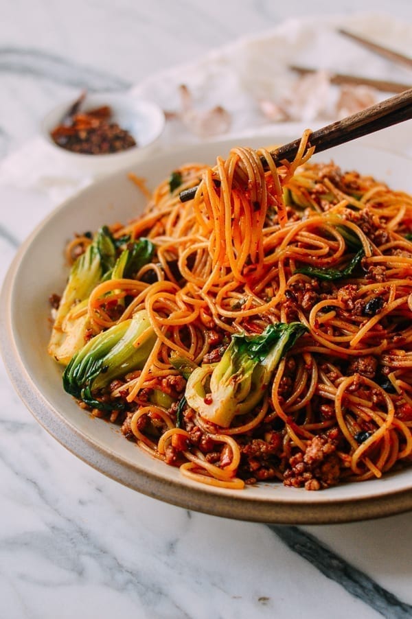 Spicy Crispy Pork Noodles, by thewoksoflife.com