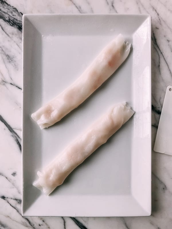 Shrimp Rice Noodle Rolls (Ha Cheung) wrapped rice noodle rolls, by thewoksoflife.com