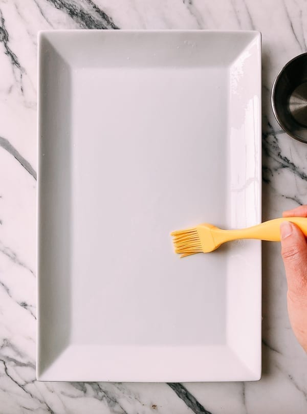 Shrimp Rice Noodle Rolls (Ha Cheung) - oiled plate, by thewoksoflife.com