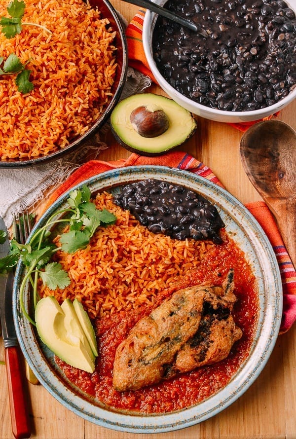 Chiles Rellenos with rice and beans, thewoksoflife.com