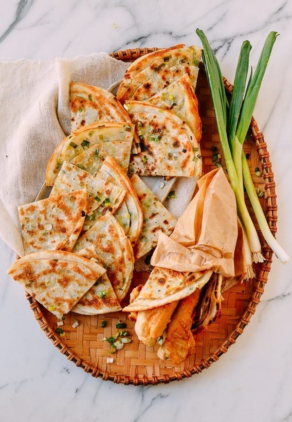 Easy Scallion Pancakes made with dumpling wrappers, thewoksoflife.com