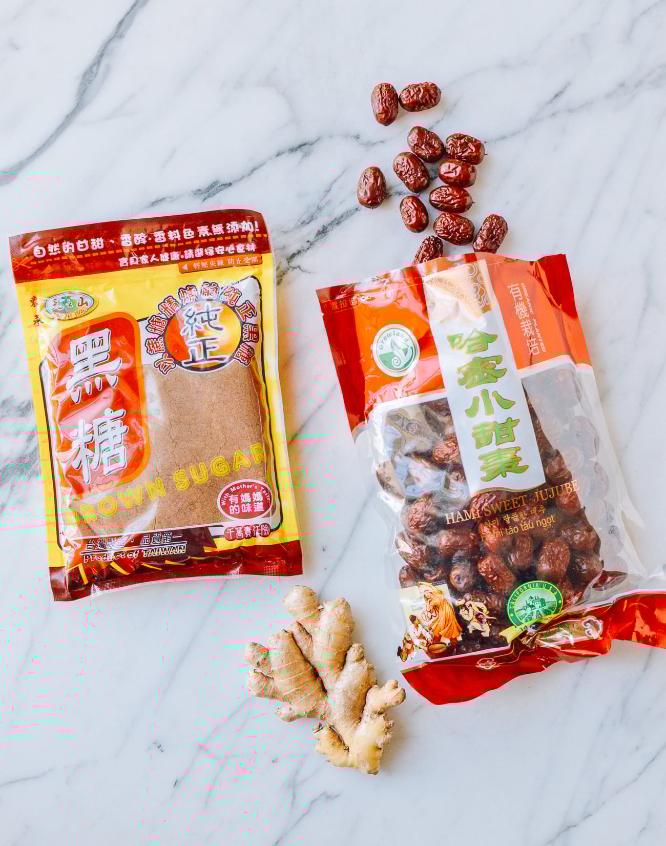 ginger date tea ingredients - red sugar, ginger, and chinese dates