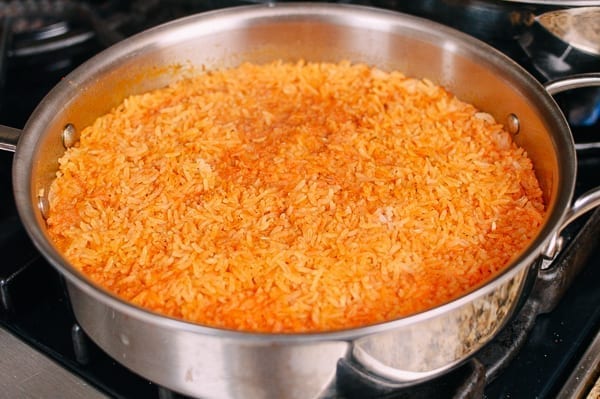 Cooked mexican rice in pan, thewoksoflife.com